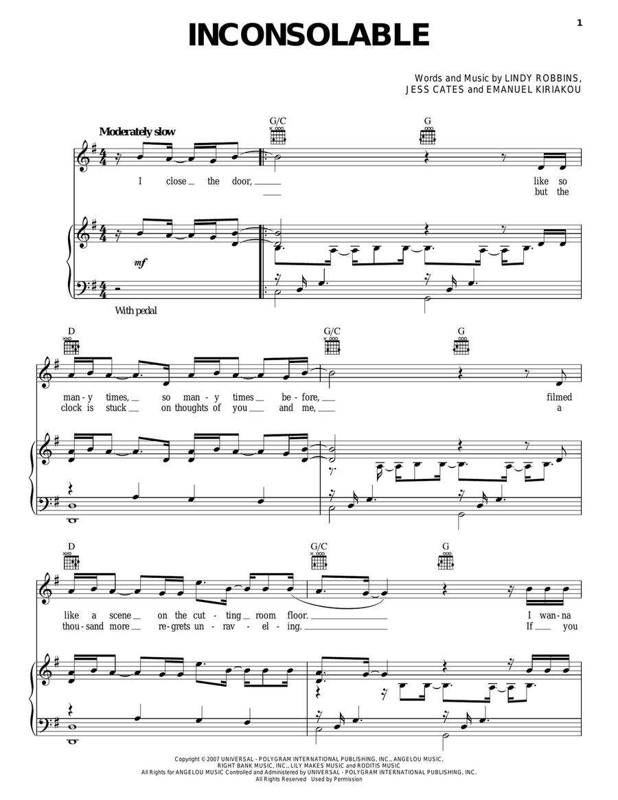 Inconsolable Piano, Vocal, Guitar scores gallery preview page 1
