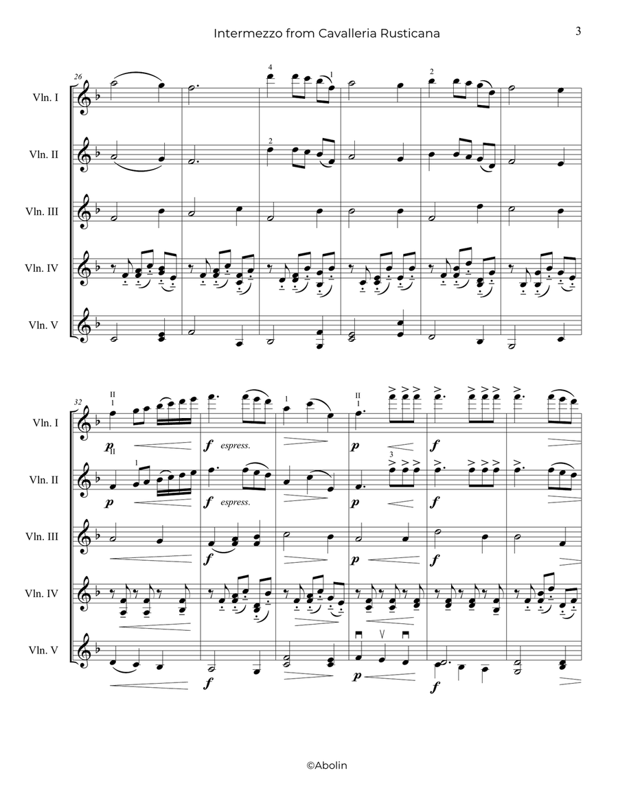 Mascagni: Intermezzo from Cavalleria Rusticana - 5 Violins Chamber Music scores gallery preview page 4