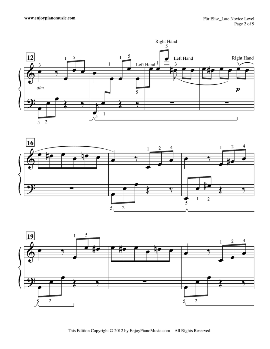 Fur Elise--original piano solo re-written in 3/4 time signature Piano Method scores gallery preview page 2