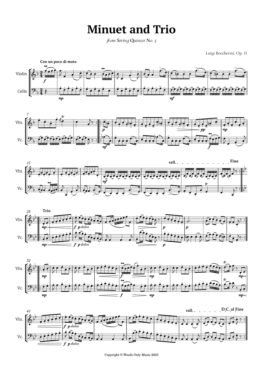 Minuet by Boccherini for Violin and Cello String Duet scores gallery preview page 2