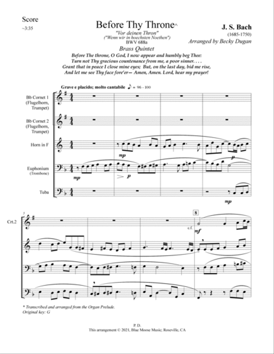 JS BACH: Before Thy Throne, Chorale Prelude, arranged for Brass Quintet Brass Quintet scores gallery preview page 3