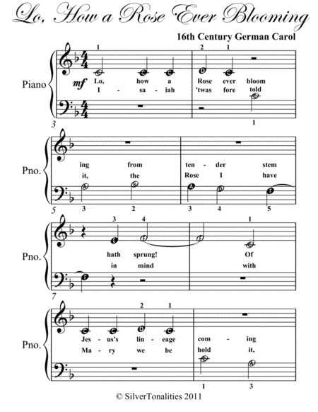 Lo How a Rose Ever Blooming Beginner Piano Sheet Music