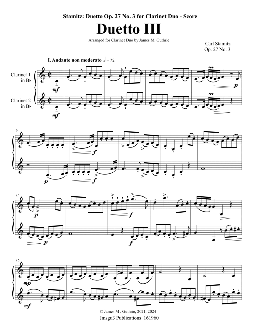 Stamitz: Duet Op. 27 No. 3 for Clarinet Duo Clarinet Duet scores gallery preview page 1