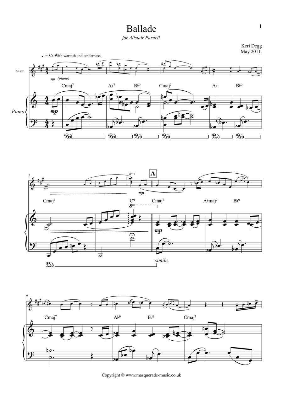 Ballade (Eb or Bb Sax & Piano). Advanced, smooth jazz improvisory feel. Tenor Saxophone scores gallery preview page 1