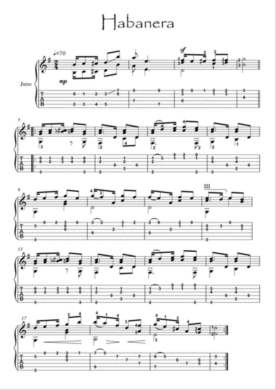 Classical guitar solo - Habanera Acoustic Guitar scores gallery preview page 1