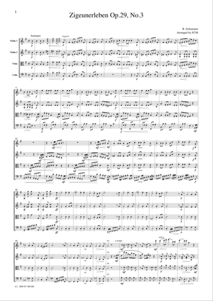 Schumann Zigeunerleben Op.29, No.3, for string quartet, CS502 String Quartet scores gallery preview page 1