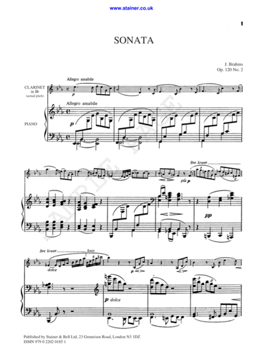 Sonata in E flat, Op. 120, No. 2 for Clarinet and Piano