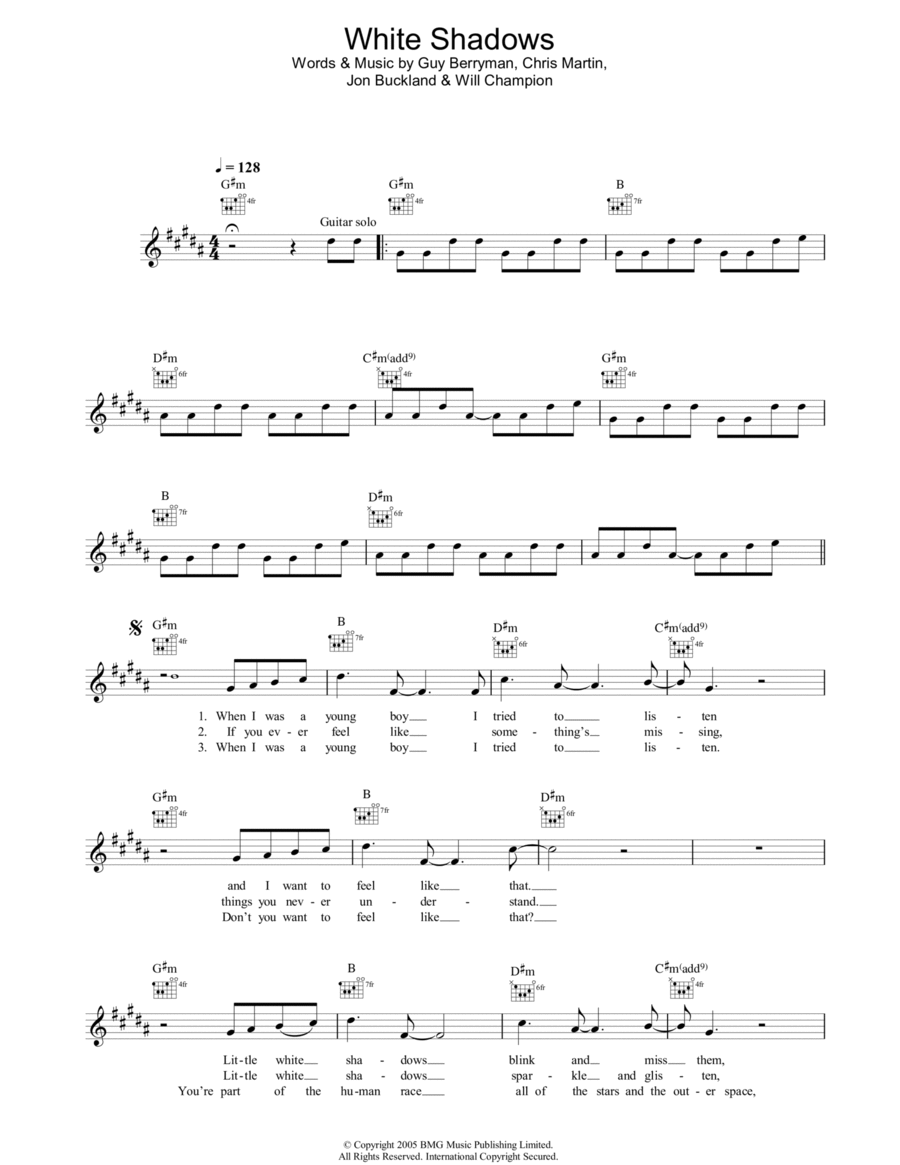 White Shadows White Shadows Piano scores gallery preview page 1