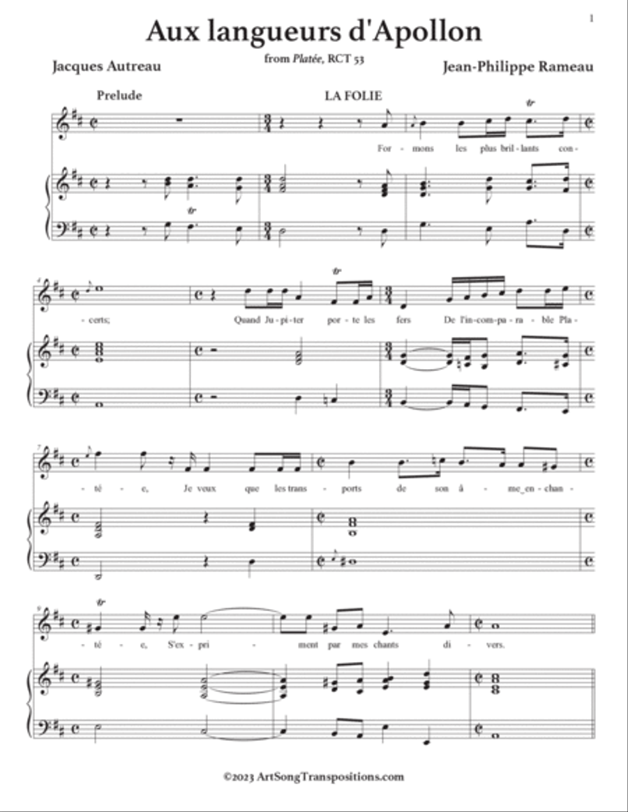 RAMEAU: Aux langueurs d’Apollon (transposed to D major, D-flat major, and C major) Voice scores gallery preview page 2