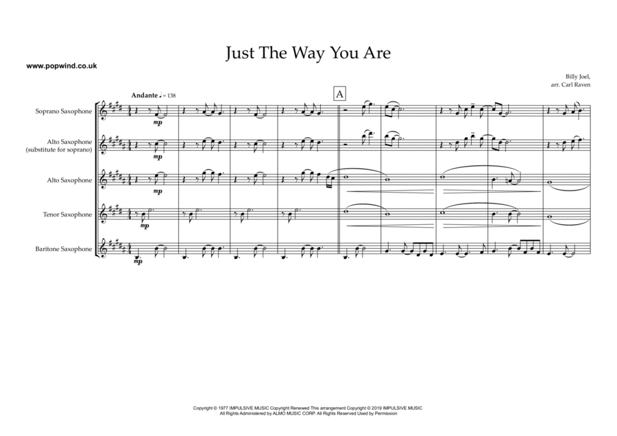Just The Way You Are Saxophone Quartet scores gallery preview page 1