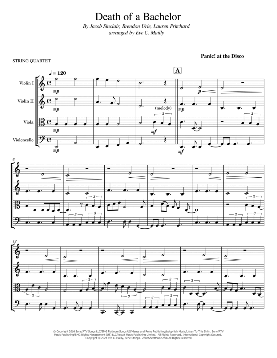 Death Of A Bachelor String Quartet scores gallery preview page 1