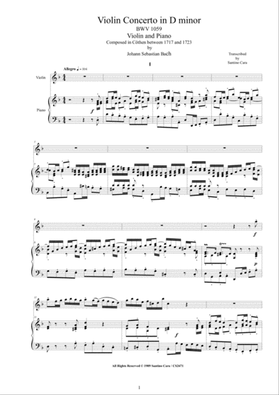 Bach - Violin Concerto in D minor BWV 1059 for Violin and Piano Violin Solo scores gallery preview page 1
