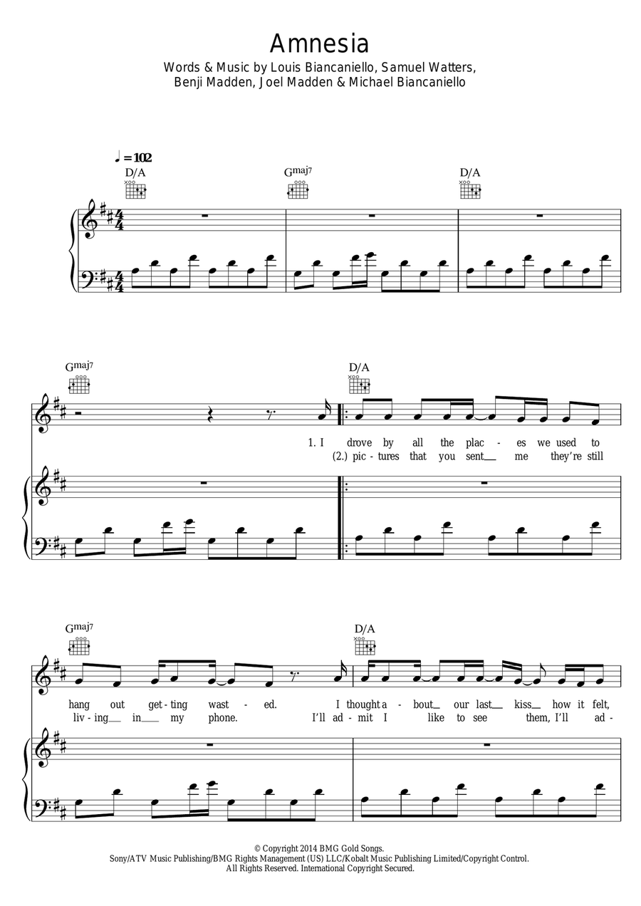 Amnesia Piano, Vocal, Guitar scores gallery preview page 1