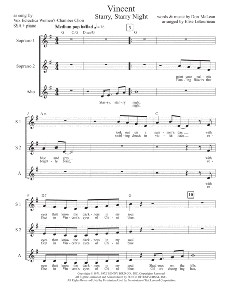 Vincent (Starry Starry Night) by Don McLean SSA - Digital Sheet Music