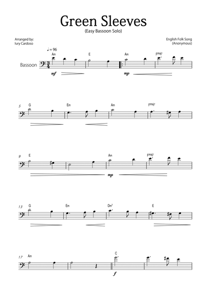 "Green Sleeves" - Beautiful easy version for BASSOON SOLO. image number null