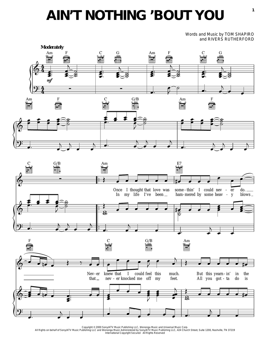 Ain't Nothing 'Bout You Piano, Vocal, Guitar scores gallery preview page 1