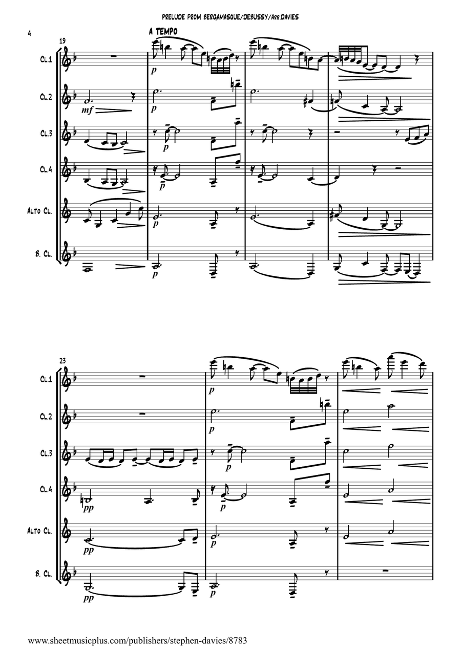 'Prelude From Suite Bergamasque' by Claude Debussy arranged for Clarinet Sextet. 'Prelude From Suite Bergamasque' by Claude Debussy arranged for Clarinet Sextet. Small Ensemble scores gallery preview page 4