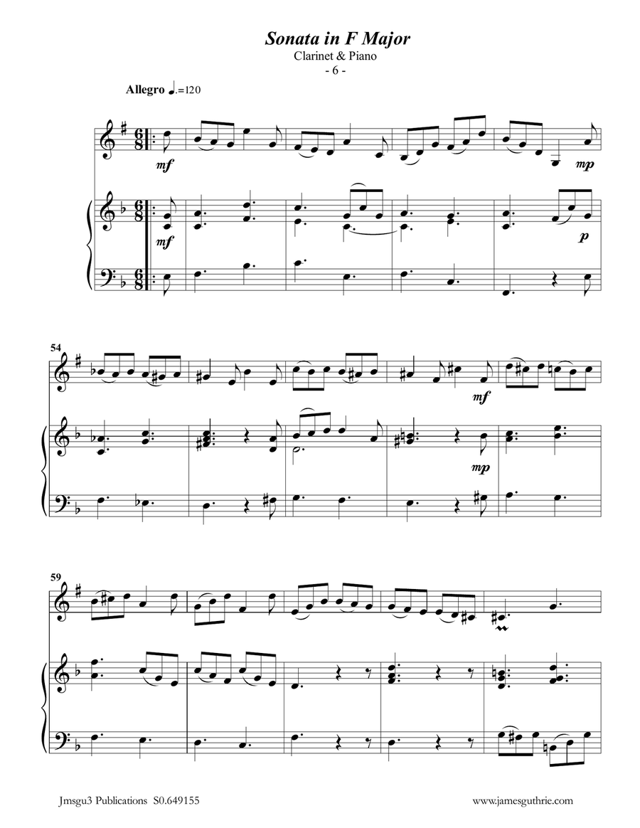 Telemann: Sonata in F Major for Clarinet & Piano Clarinet Solo scores gallery preview page 6