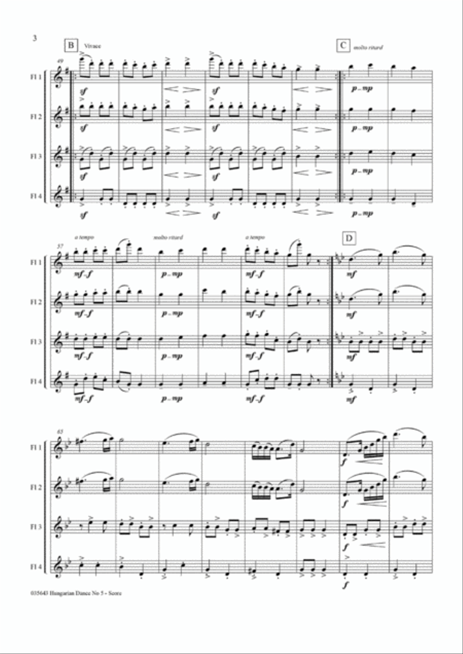 HUNGARIAN DANCE NO 5 - FLUTE QUARTET HUNGARIAN DANCE NO 5 - FLUTE QUARTET Flute Quartet scores gallery preview page 4