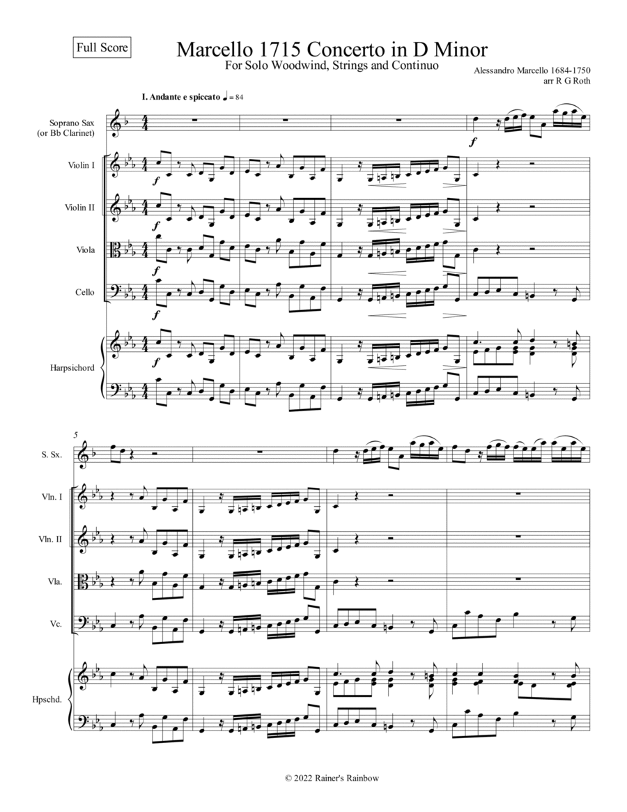 Marcello Oboe Concerto in C Minor for Clarinet or Soprano Sax Chamber Orchestra scores gallery preview page 1