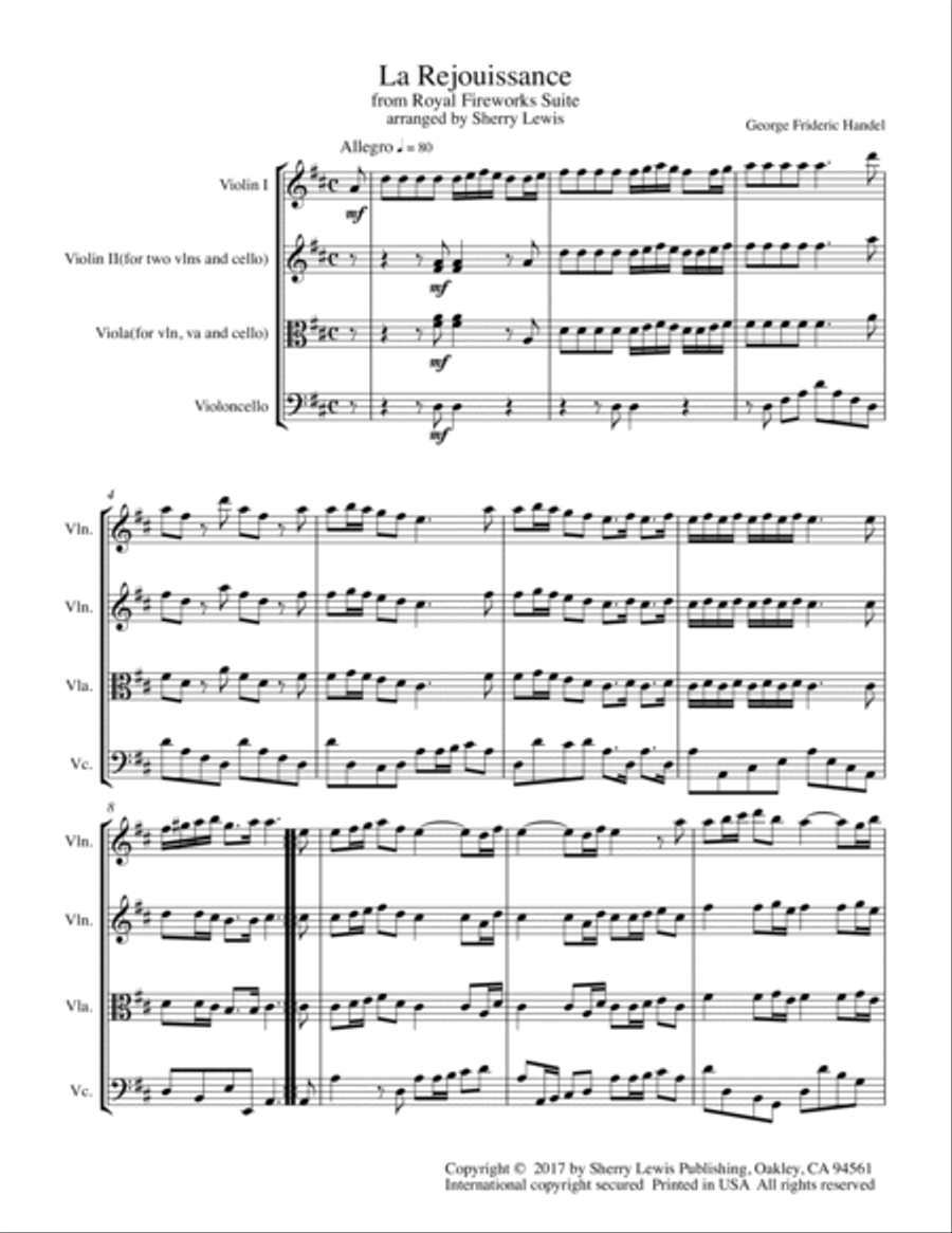 LA REJOUISSANCE from Royal Fireworks, String Trio, Intermediate Level for 2 violins and cello or vio String Trio scores gallery preview page 4