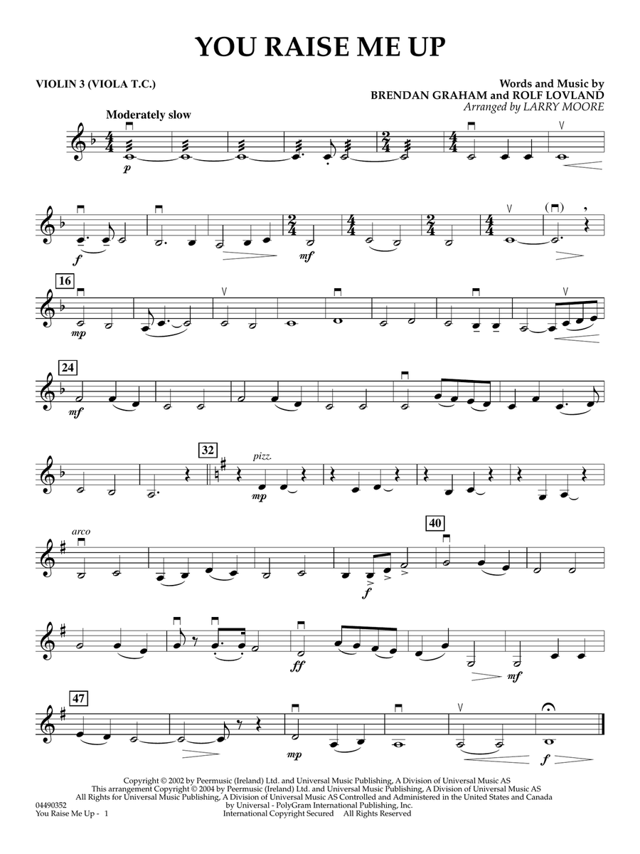 You Raise Me Up (arr. Larry Moore) - Violin 3 (Viola Treble Clef) String Orchestra scores gallery preview page 1