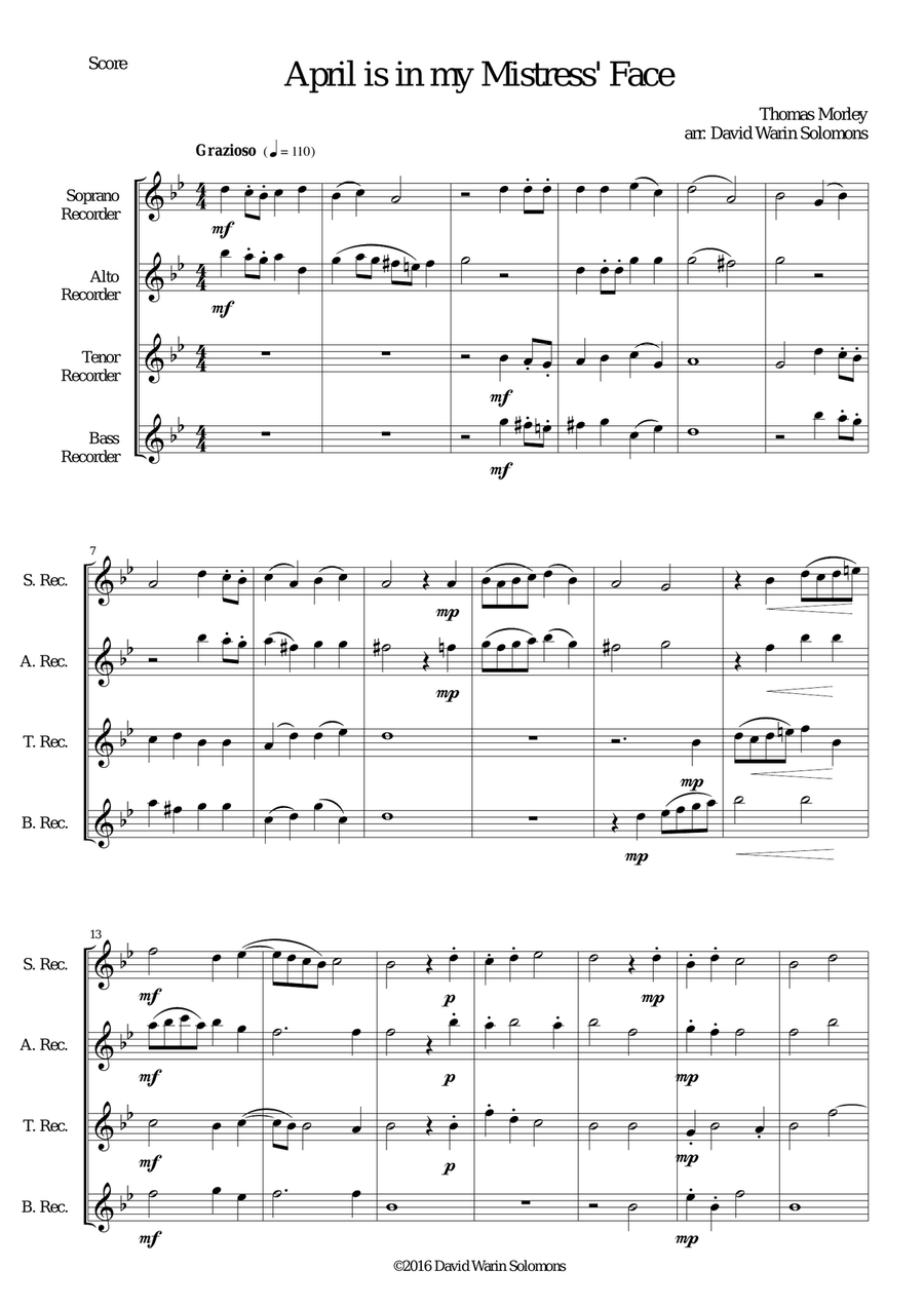 April is in my Mistress' Face for recorder quartet Small Ensemble scores gallery preview page 1