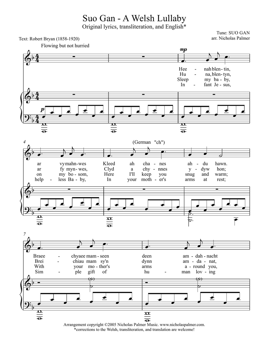Suo gan/Welsh lullaby - original and Christmas lyrics - med high voice High Voice scores gallery preview page 1