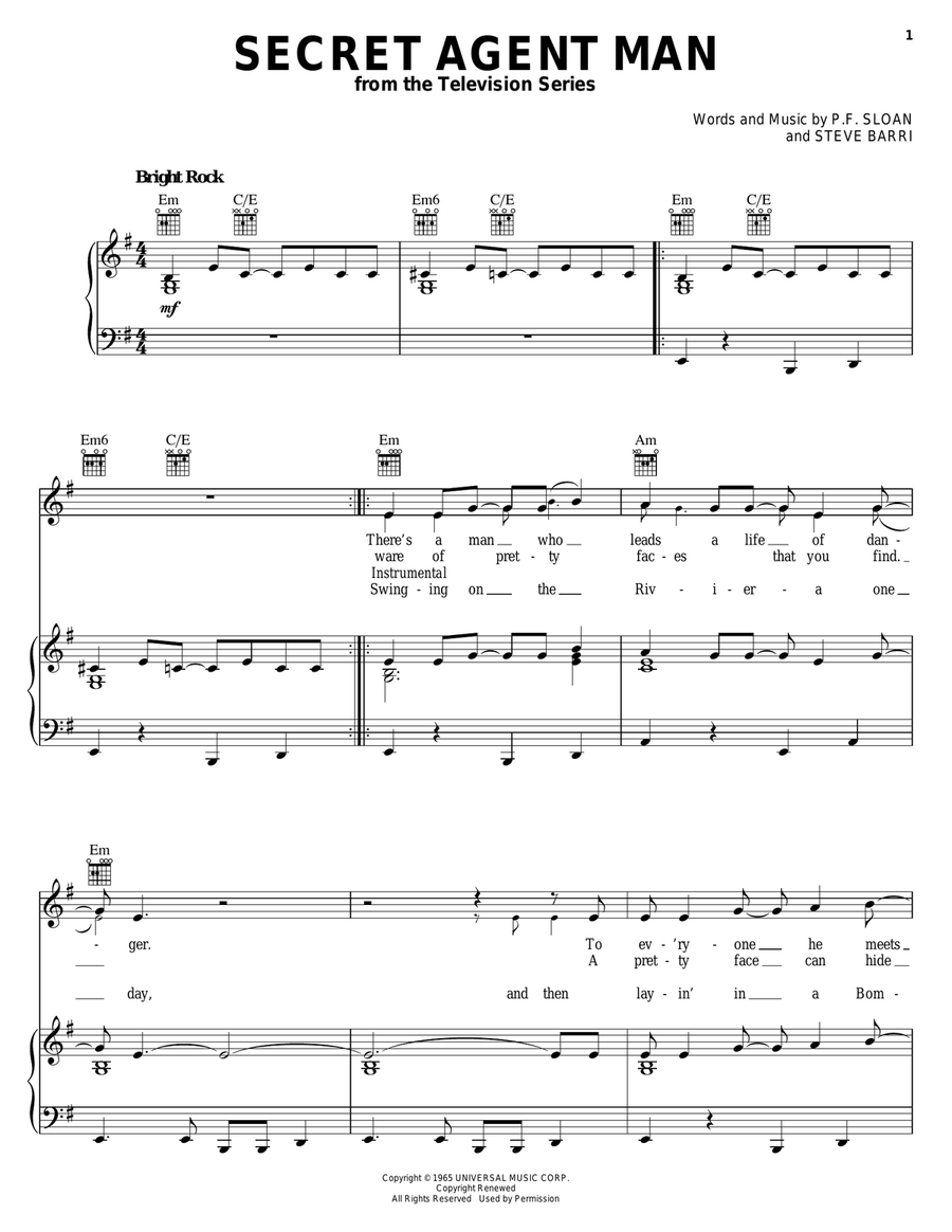 Secret Agent Man Secret Agent Man Piano, Vocal, Guitar scores gallery preview page 1