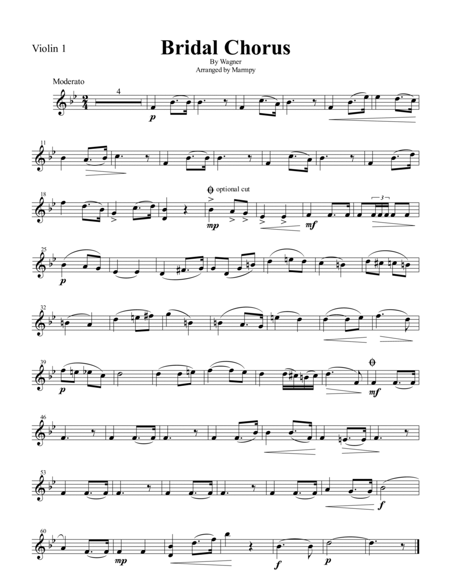 Bridal Chorus by Wagner (arranged for String Quartet) String Quartet scores gallery preview page 1