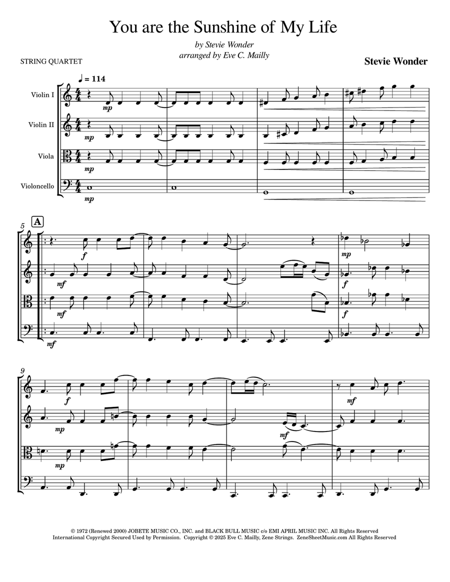 You Are The Sunshine Of My Life String Quartet scores gallery preview page 1
