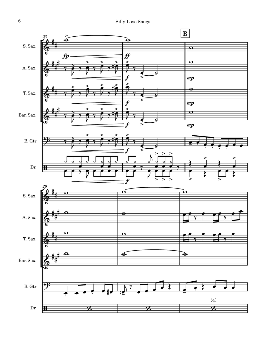 Silly Love Songs Saxophone Quartet scores gallery preview page 6
