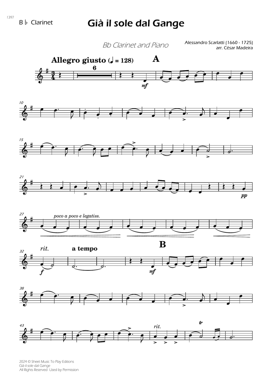 Scarlatti - Già il sole dal Gange - Bb Clarinet and Piano (Individual Parts) B-Flat Clarinet scores gallery preview page 1
