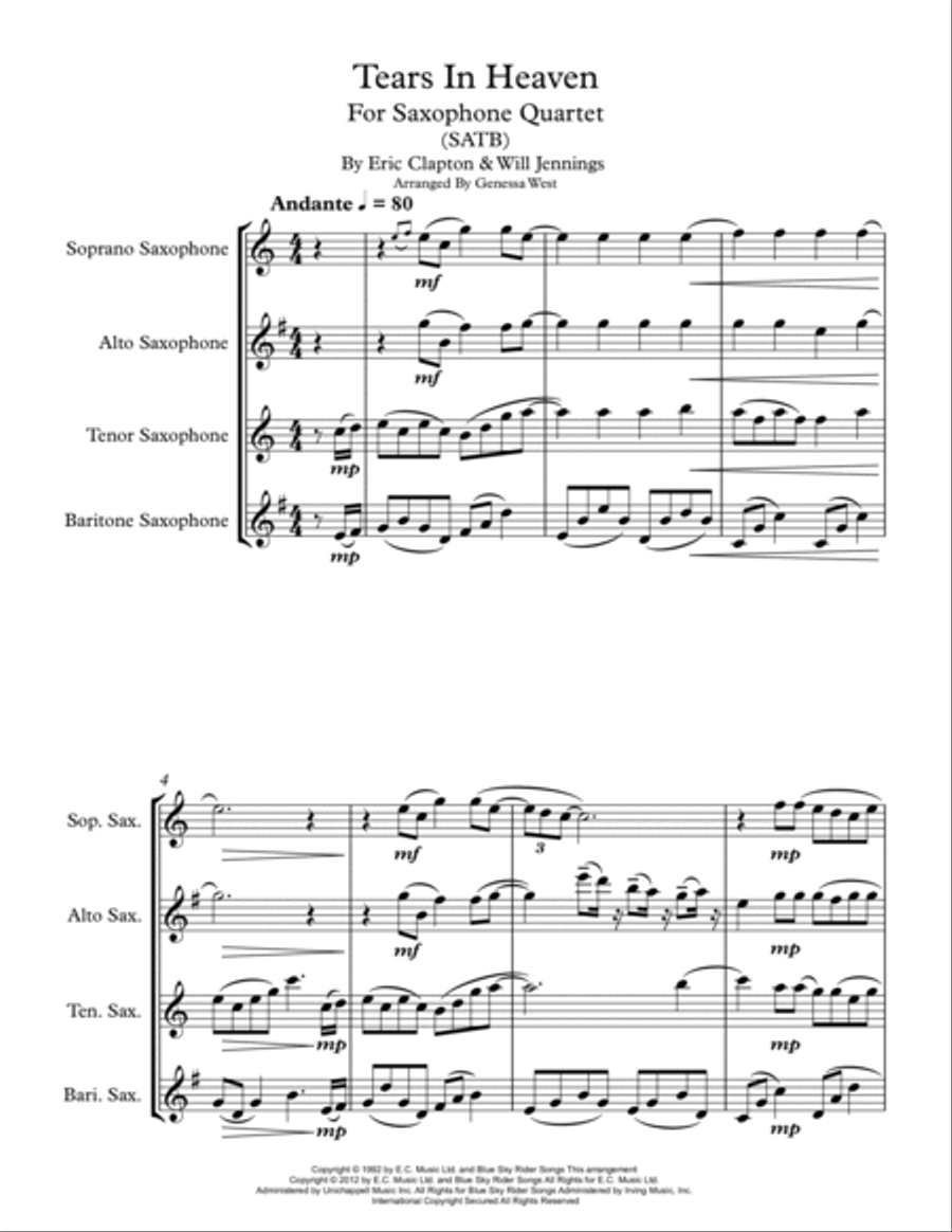 Tears In Heaven Saxophone Quartet scores gallery preview page 2