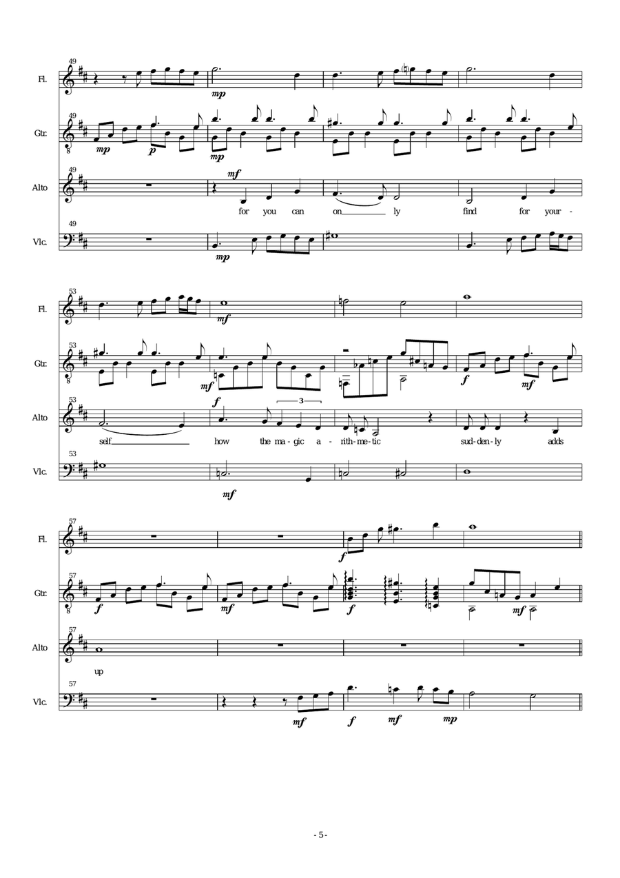 Letter to Lydia for alto voice, flute, cello and guitar (or just alto and guitar) Small Ensemble scores gallery preview page 5