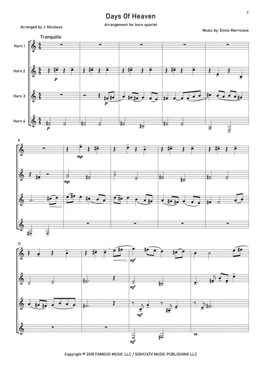 Days Of Heaven - Theme Days Of Heaven - Theme Brass Quartet scores gallery preview page 1