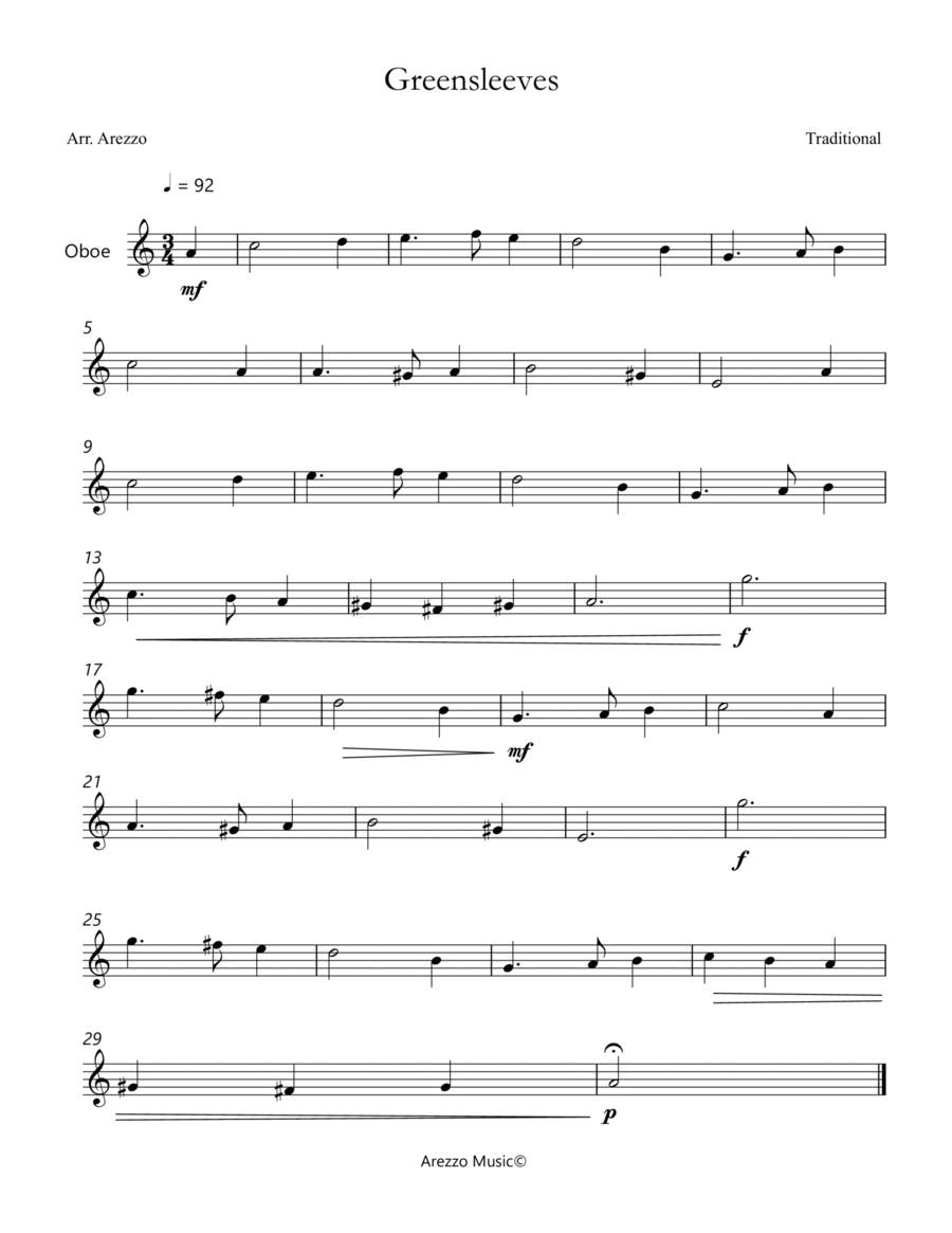 Greensleeves Lead Sheet for Oboe Oboe scores gallery preview page 1
