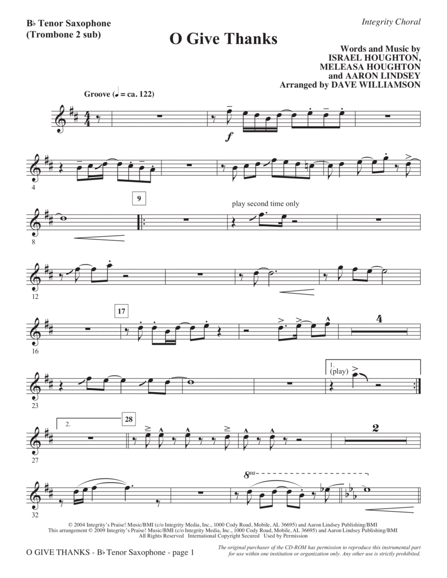 O Give Thanks - Tenor Sax (Trombone 2 sub.) Choir scores gallery preview page 1