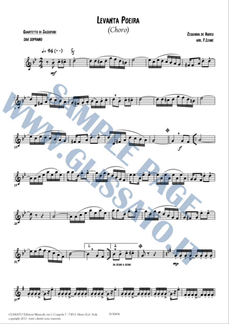 Saxophone Quartet arrangement: Levanta Poeira by Z. De Abreu (score and parts) image number null