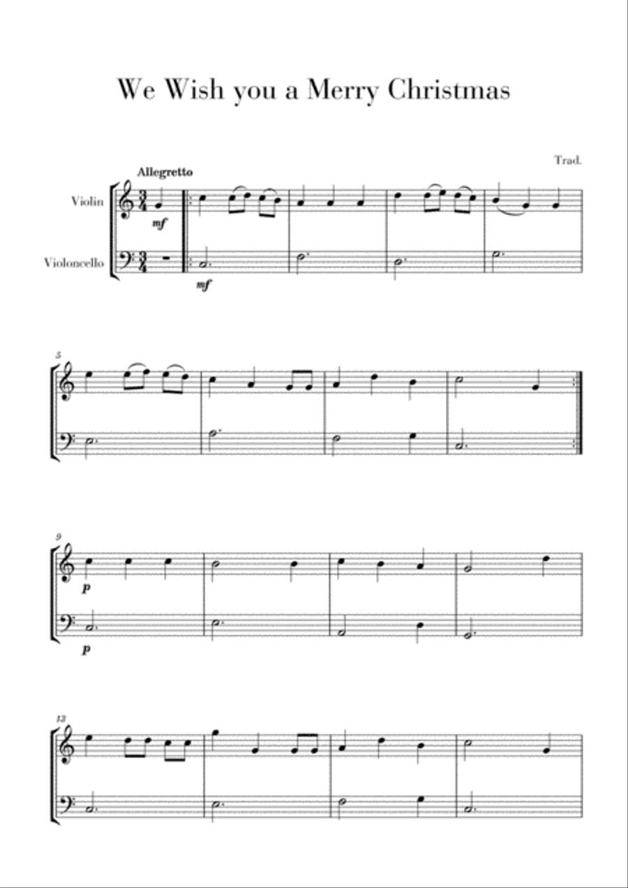 We Wish you a Merry Christmas for Violin and Cello String Duet scores gallery preview page 1