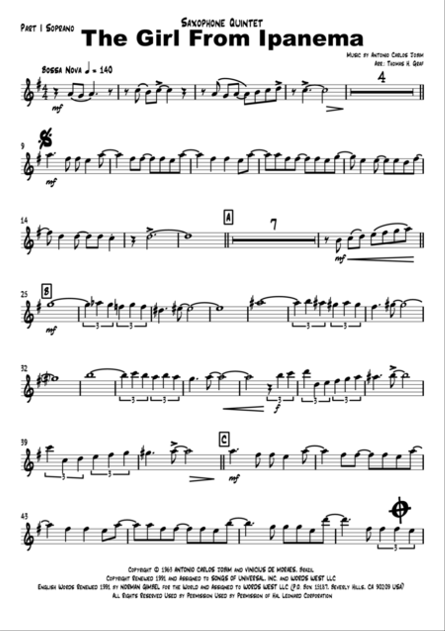 The Girl From Ipanema (Garota De Ipanema) Saxophone Quintet scores gallery preview page 6