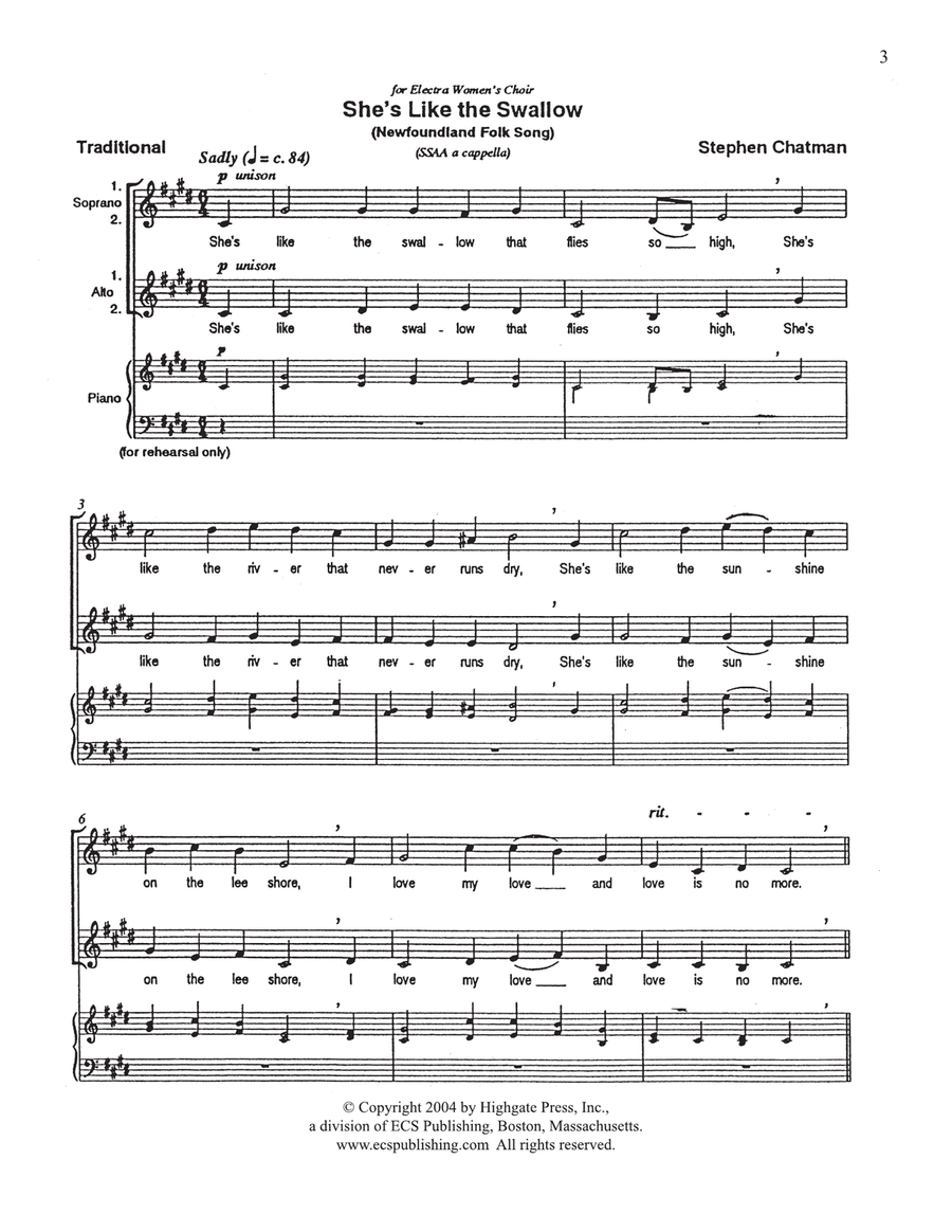 Five Canadian Folk-Songs: 4. She's Like the Swallow SSAA scores gallery preview page 1