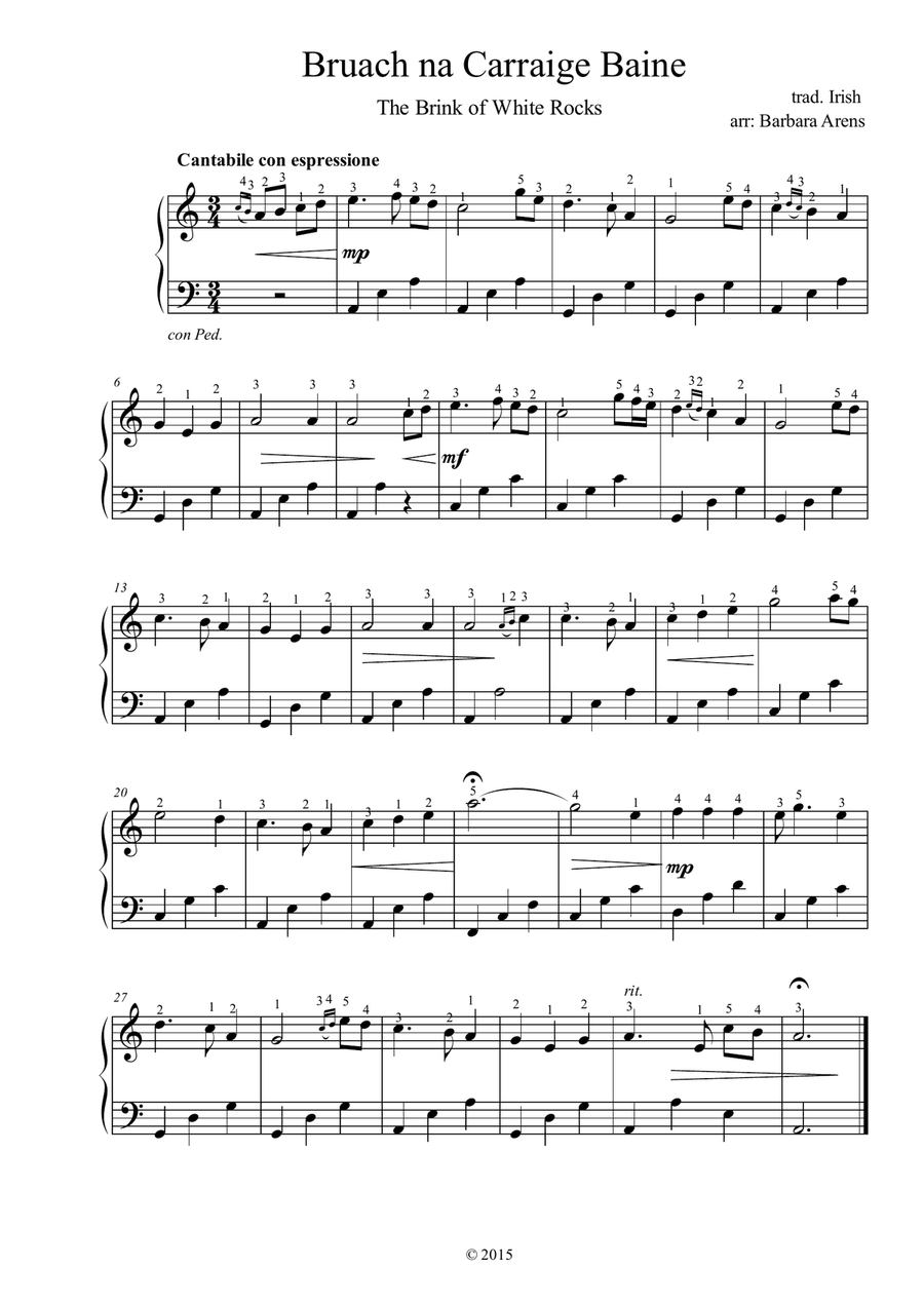 Bruach na Carraige Baine- (The Brink of White Rocks) Easy beautiful arr. of trad. Irish tune Easy Piano scores gallery preview page 1