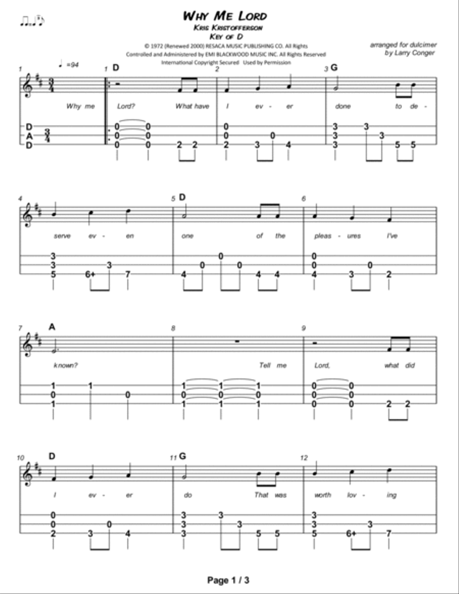 Why Me? (why Me, Lord?) Dulcimer scores gallery preview page 2
