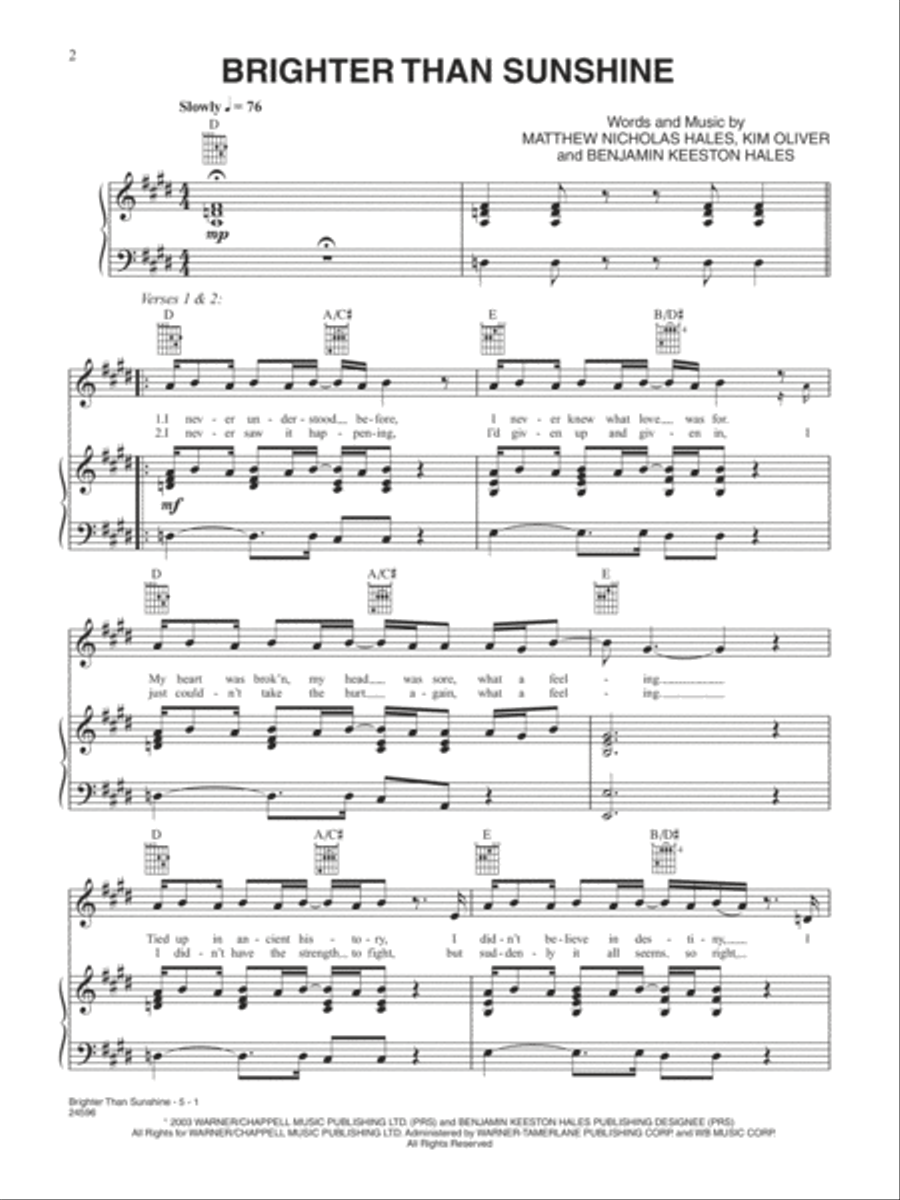 Brighter Than Sunshine Brighter Than Sunshine Piano, Vocal, Guitar scores gallery preview page 1
