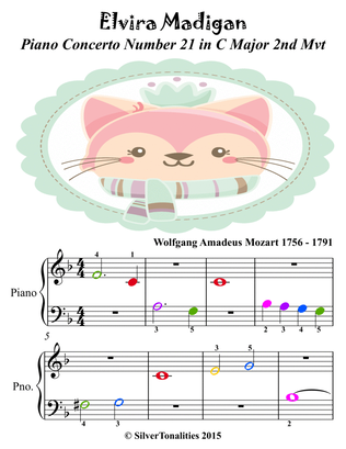 Piano Concerto K467 Elvira Madigan Beginner Piano Sheet Music with Colored Notes