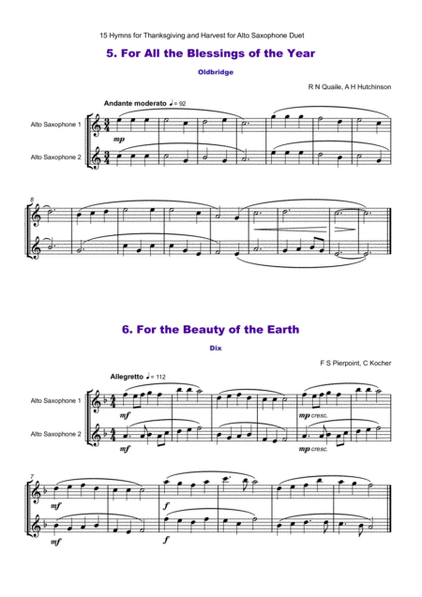 15 Favourite Hymns for Thanksgiving and Harvest for Alto Saxophone Duet