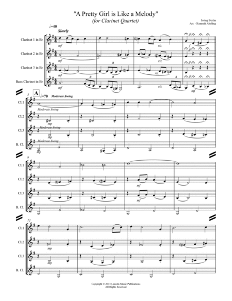 A Pretty Girl is Like a Melody (for Clarinet Quartet) Clarinet Quartet scores gallery preview page 2