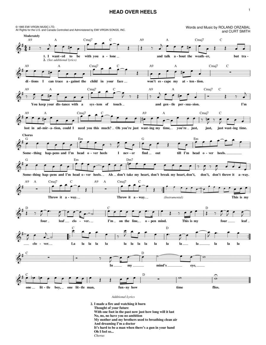 Head Over Heels by Tears For Fears Piano Digital Sheet Music