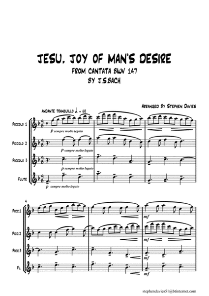 Jesu, Joy Of Man's Desire' from Cantata BWV147 by J.S.Bach for 3 Piccolos & Flute image number null